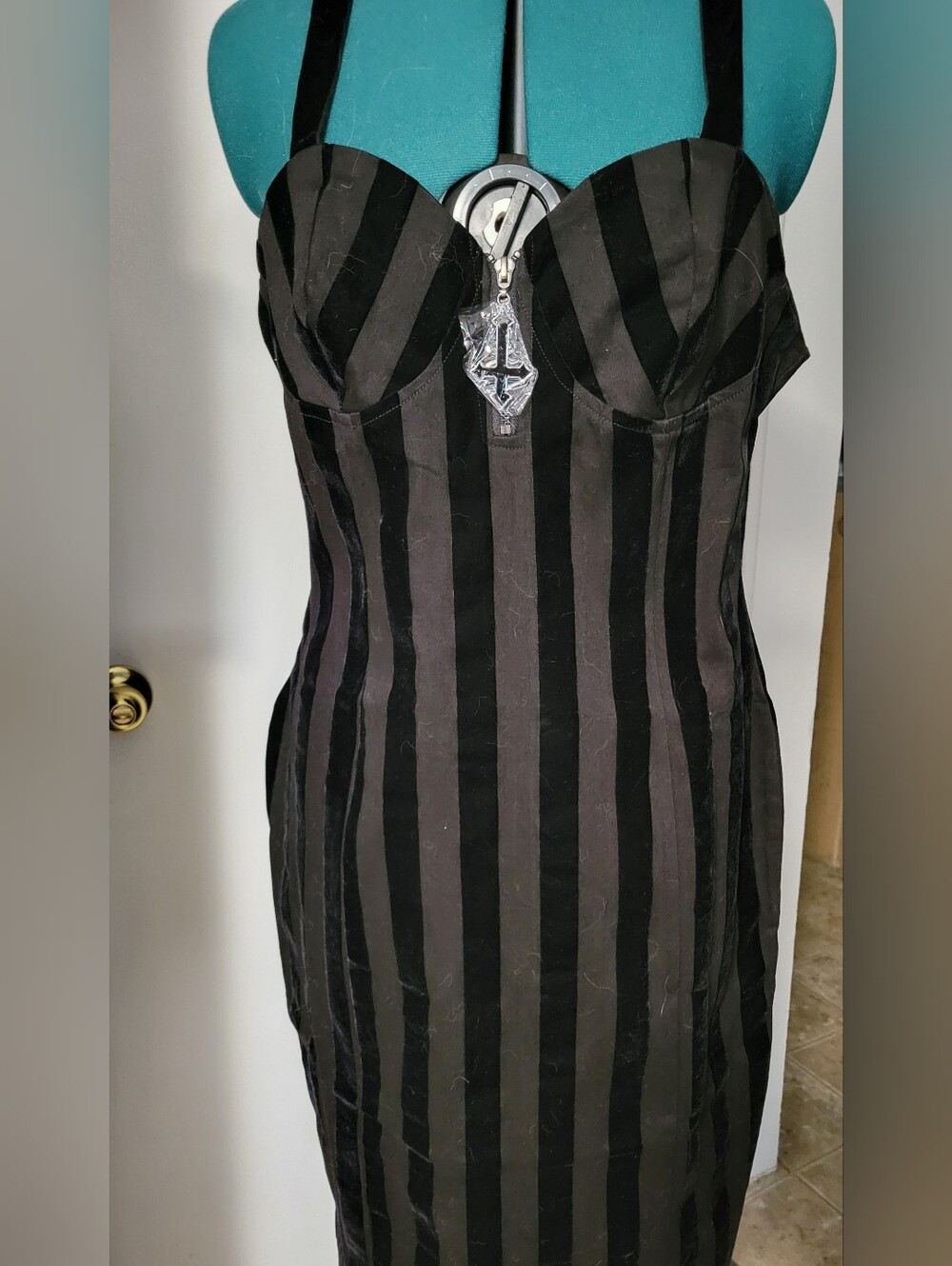 Killstar Goth Black Striped Midi Bodycon Dress with Sweetheart Bust -NWT